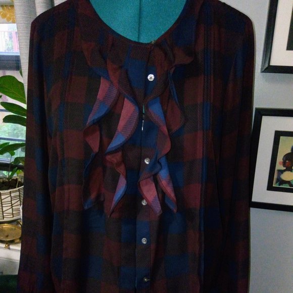 Ann Taylor Checkered Plaid Ruffled Blouse Sz L - Picture 2 of 12